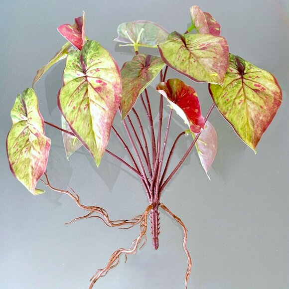10" Tall Realistic Faux Red & Green Variegated Caladium Plant Plants Vase Accent - Picture 5 of 8